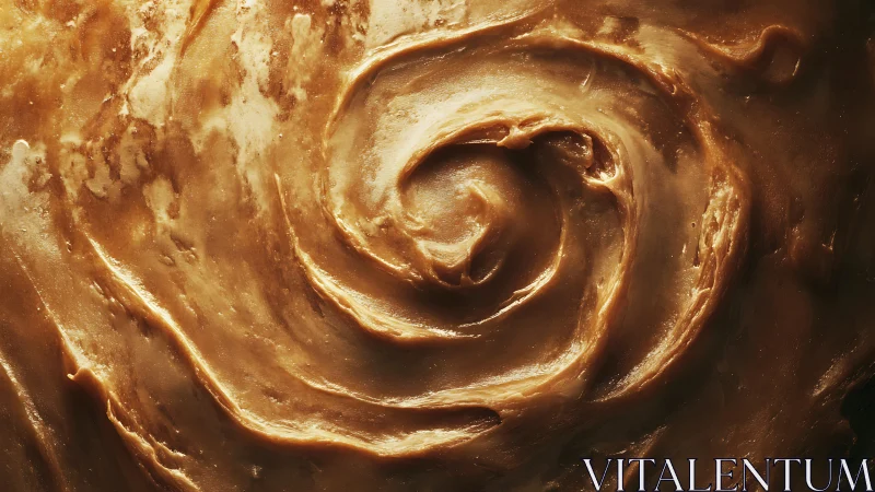 Macro caramel spiral with viscous radial surface geometry.