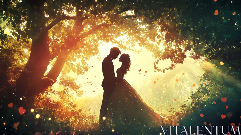 Romantic Couple Silhouette Under Golden Autumn Trees.