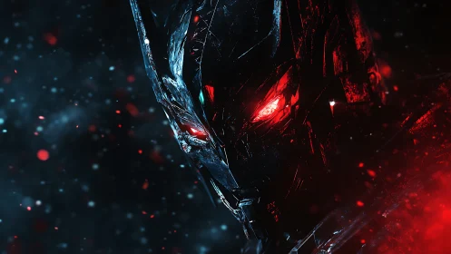 Cybernetic dark knight portrait in red and teal refracted light.