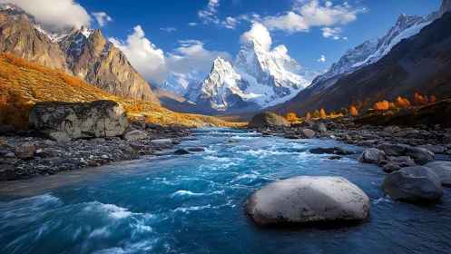 Glacial river rushes beneath radiant snow-capped peaks at dusk