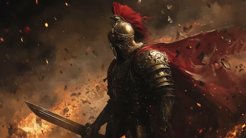 Armored warrior stands in firelit battlefield environment