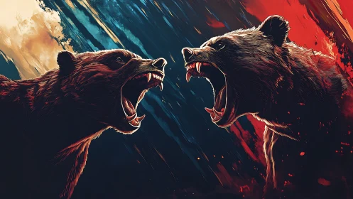 Symmetric twin bears in chromatic opposition, digitally rendered.