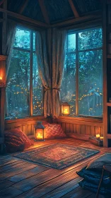 Cozy window nook glowing with lantern light at twilight.