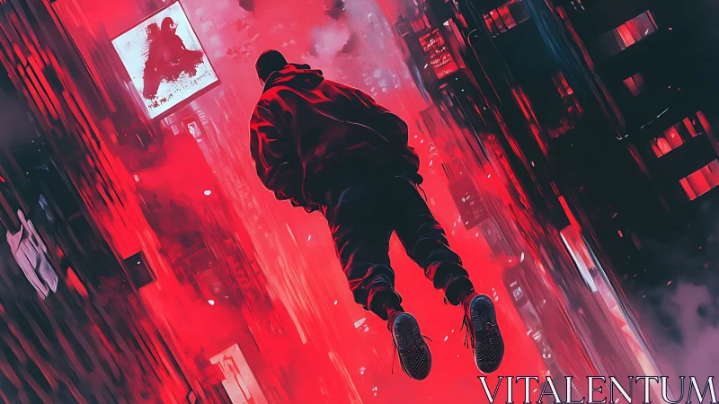 Red neon city descent with hooded figure suspended midair.