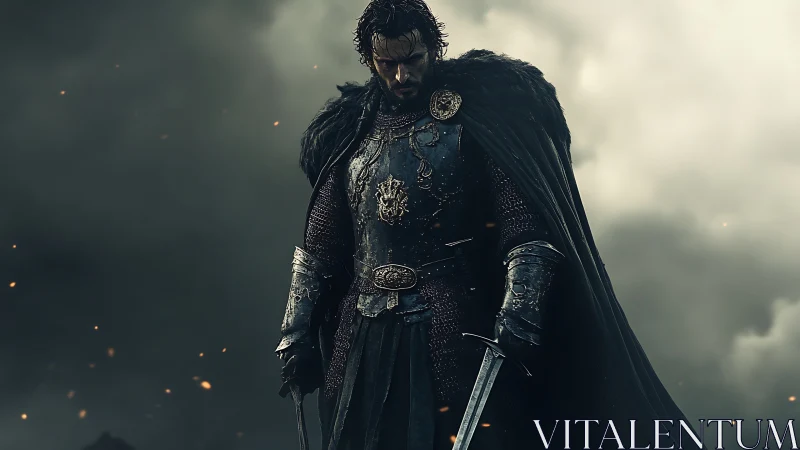 Armored warrior stands with twin swords in smoky battlefield