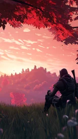 Tactical silhouette observing chromatic valley at sunset.