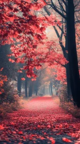 Crimson Forest Path Through Autumn Trees.