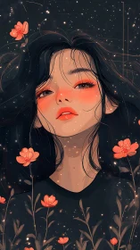 Starglow portrait of freckled girl with coral flowers.