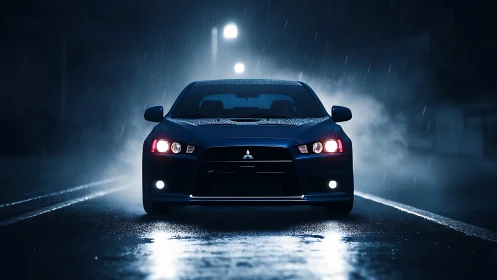 Blue Mitsubishi sedan on wet night road with headlights on.