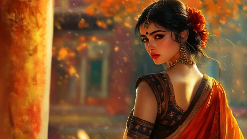 Elegant Indian Woman in Traditional Attire, Autumn-Inspired Digital Art.