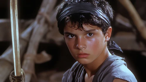 Defiant young warrior with headband in tense close-up.