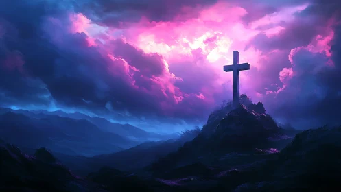 Lone mountain cross under glowing violet storm sky.