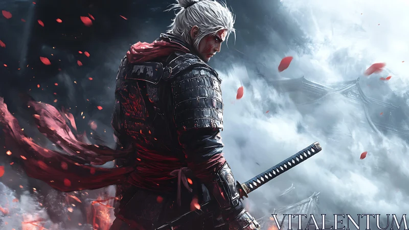 Samurai warrior in armor with sword amid drifting petals.