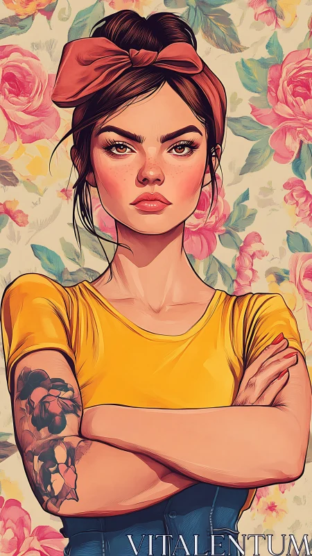 Defiant tattooed woman stands strong before bold floral wall