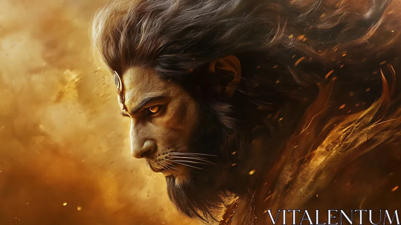 Lion-headed humanoid profile in fiery atmospheric field.
