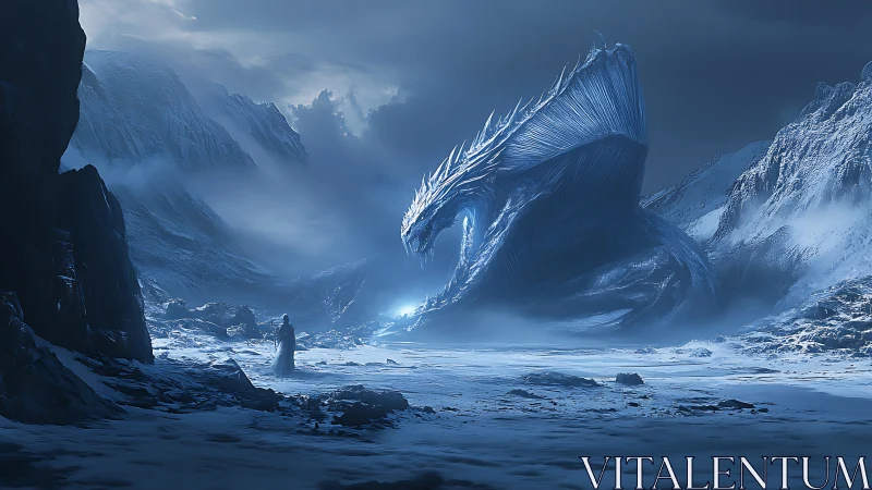 Frozen dragon bows in a quiet meeting with lone wanderer