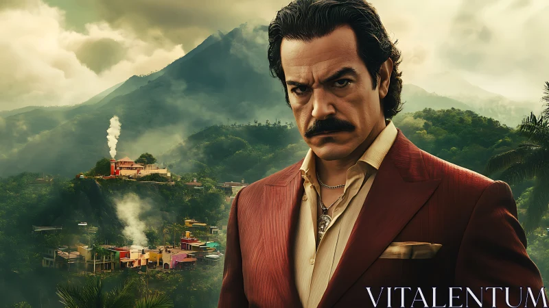 Man in formal suit before misty tropical mountain village.