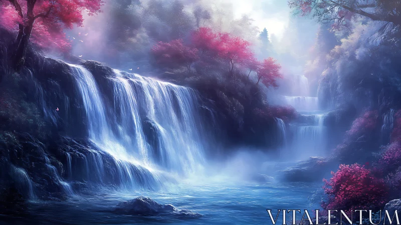 Bioluminescent tiered waterfall in misted cyan-magenta grove