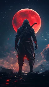 Lone wanderer stands beneath a glowing red moon.