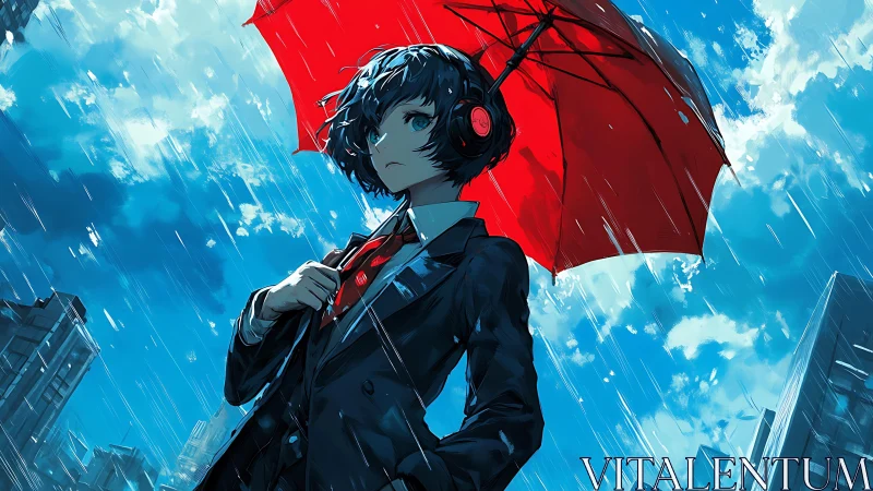 Stormwalking rebel under a defiant red umbrella sky.