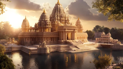 Sunlit riverside temple complex in ornate golden stone.