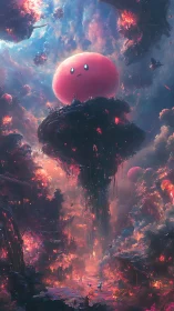 Spherical pink entity hovers over eroded floating megastructures