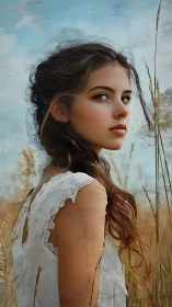 Young woman in field rendered as soft-focus digital portrait