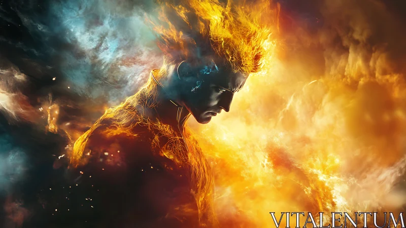 Fiery figure emerging from swirling cosmic energy clouds.