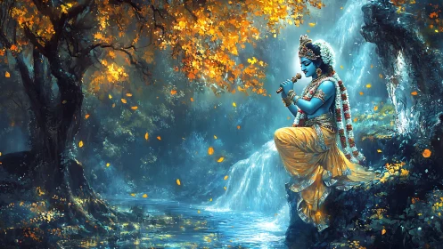 Blue-skinned figure plays flute beside waterfall in forest