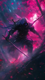 Neon-shadowed ninja storms a glowing twilight battlefield.