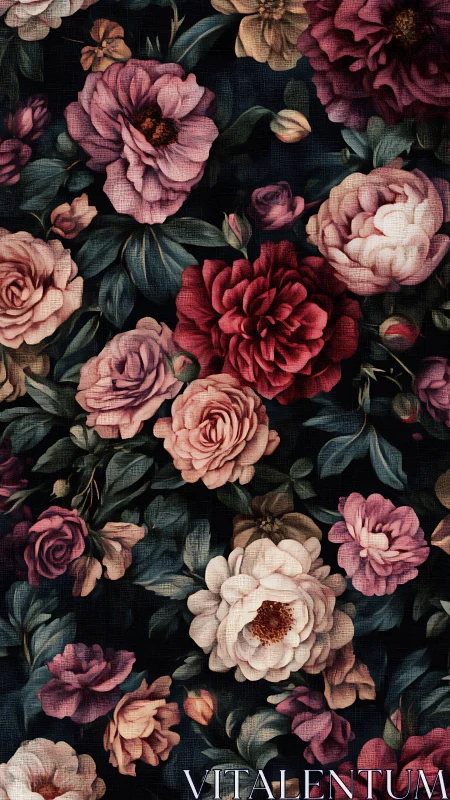 Vintage Floral Tapestry with Deep Romantic Garden Blooms.