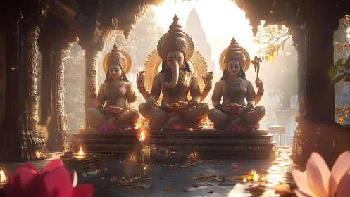 Golden temple deities sit in serene dawn-lit devotion