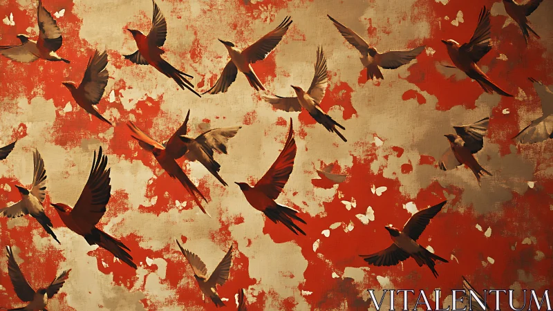 Flock of stylized birds on textured red and beige ground.