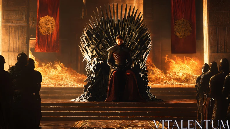 Armored ruler on iron throne amid firelit hall scene.