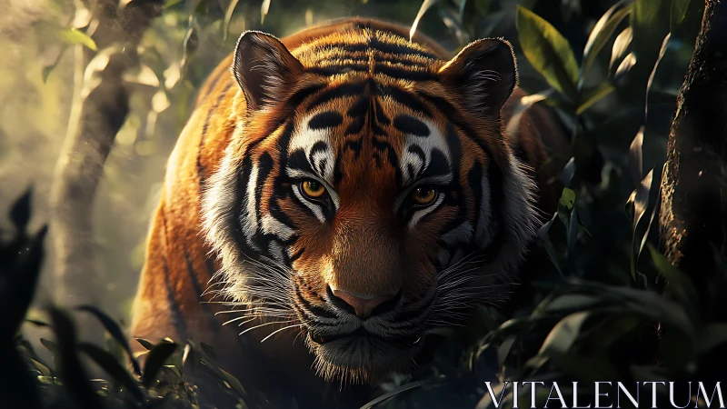 Predatory tiger advances through volumetric jungle light and foliage