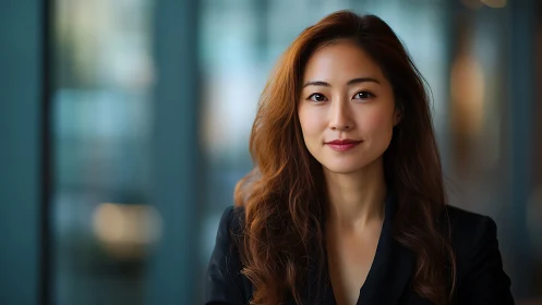 Confident businesswoman in modern office setting, natural light.