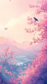 Aerial valley panorama with sakura canopy and perched bird.