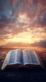 Radiant holy book opens beneath a blazing painted sunrise.