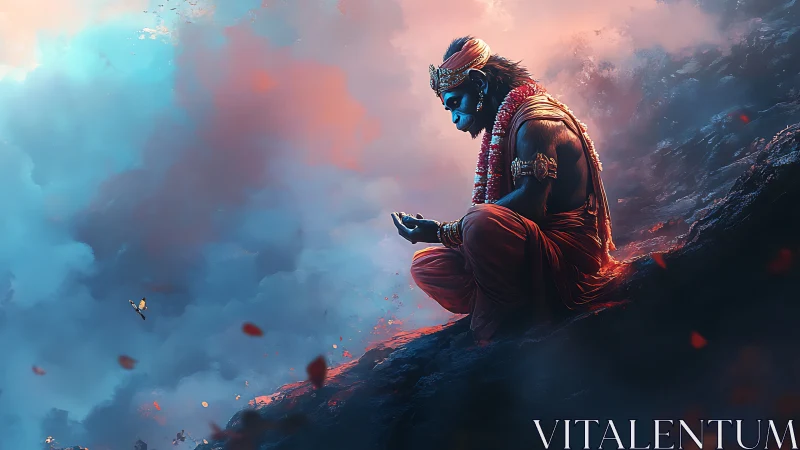 Gentle blue-skinned sage in quiet prayer amid glowing clouds.