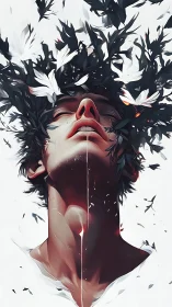 Surreal portrait of figure with blooming head and petals.