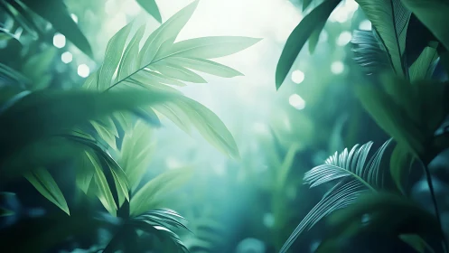 Lush tropical leaves in soft glowing forest light.