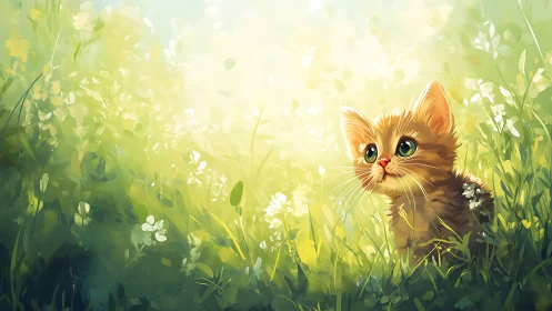 Orange Tabby Kitten Portrait in Luminous Wildflower Meadow.