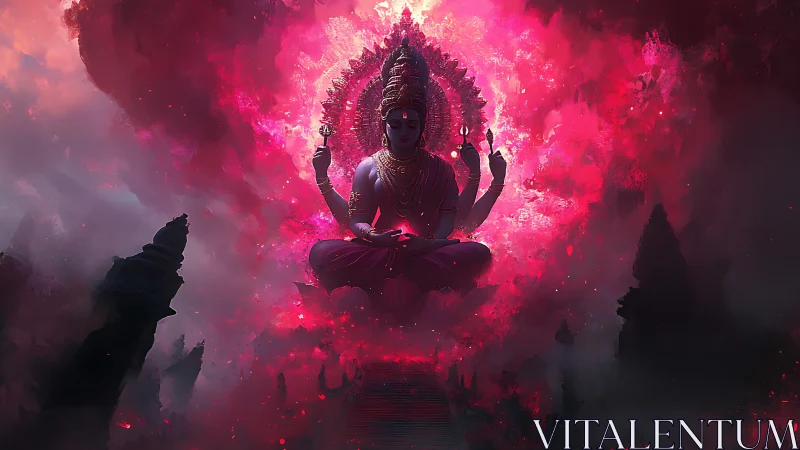 Multi-armed divine figure in red atmospheric digital scene.