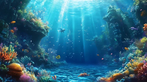 Sunlit coral canyon with vibrant reef ecology in motion.