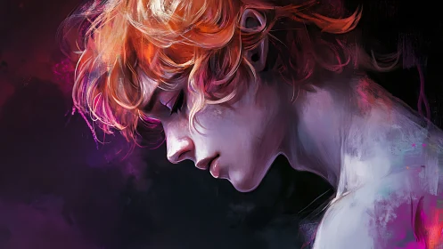 Profile portrait of pensive youth with vivid orange hair.