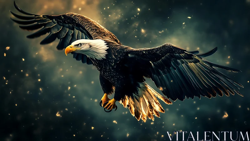Majestic Bald Eagle in Flight Amid Dramatic Artistic Lighting.