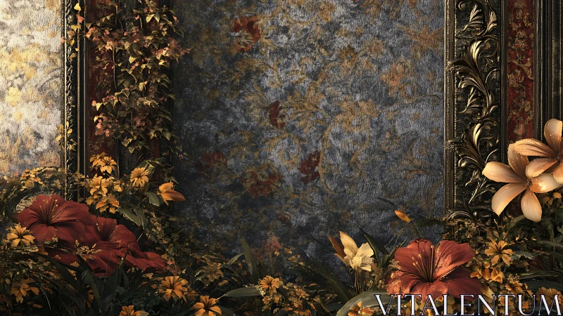 Floral foreground frames textured blue and gold central panel