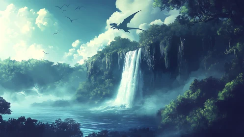 Skyborne dragon over emerald falls in mistbound valley.