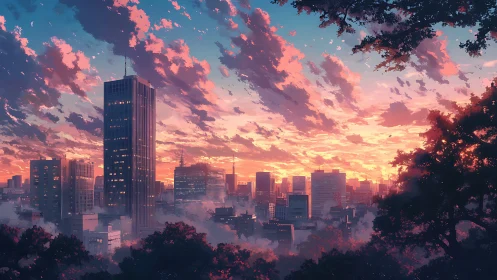 Sunset city skyline framed by foliage and drifting clouds.