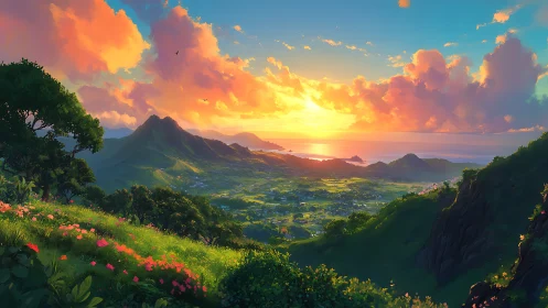 Digital landscape scene depicts coastal valley at sunset